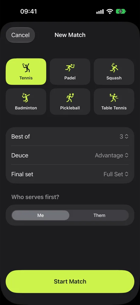 The New Match screen: a grid of six sports, Best of 3, Advantage deuce, Full Set final set, and who serves first.