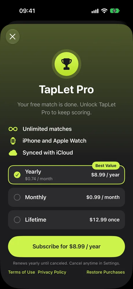 The TapLet Pro screen with yearly, monthly and lifetime plans.